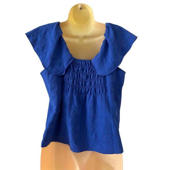 Cupio Blue Summer Blouse Woman Size Small Flutter Cap Sleeve Smocked Back - Picture 2 of 9